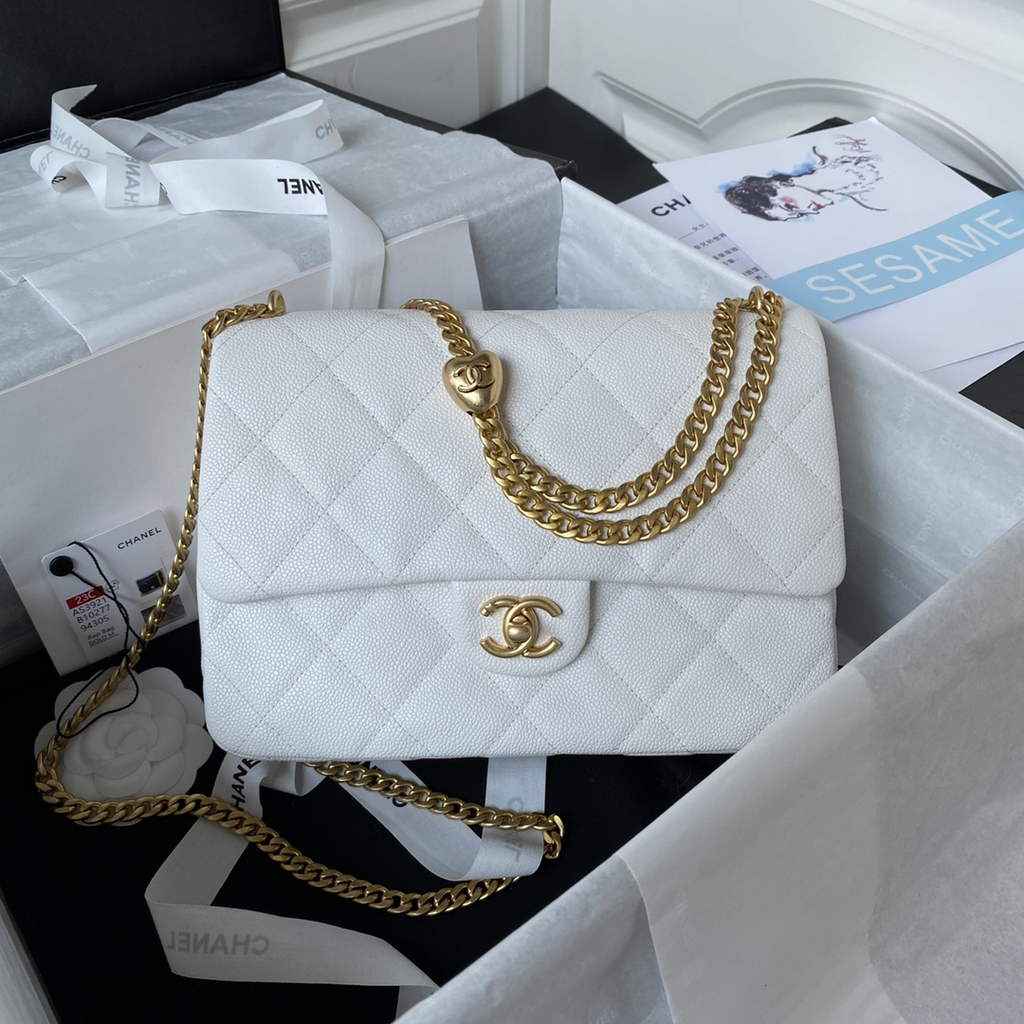 Chanel AS3921 Small Flap Bag Grained Calfskin Gold-Tone Metal White
