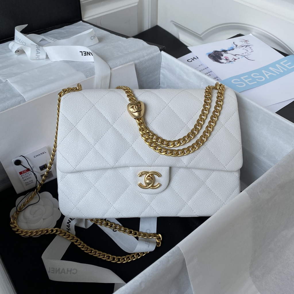 Chanel AS3921 Small Flap Bag Grained Calfskin Gold-Tone Metal White