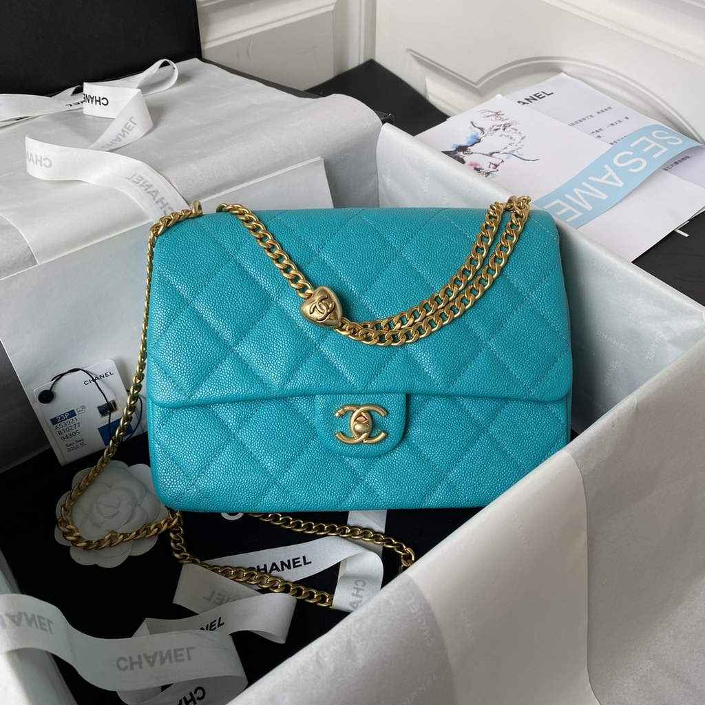 Chanel AS3921 Small Flap Bag Grained Calfskin Gold-Tone Metal Blue
