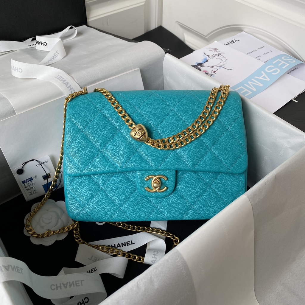 Chanel AS3921 Small Flap Bag Grained Calfskin Gold-Tone Metal Blue
