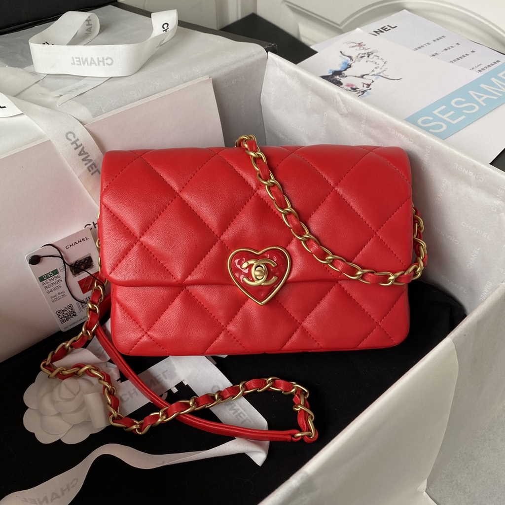 Chanel AS3986 Small flap bag Lambskin gold-tone metal Red