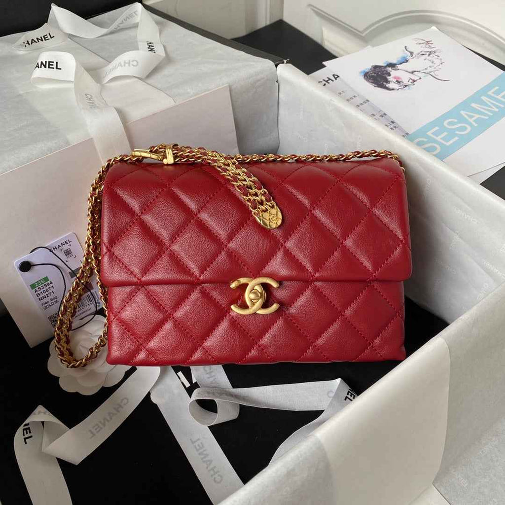 Chanel AS3994 Small Flap Bag Red Lambskin Gold-tone metal