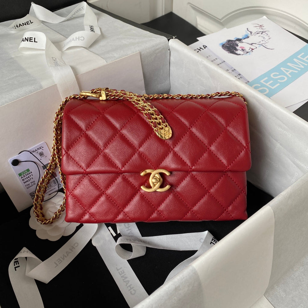 Chanel AS3994 Small Flap Bag Red Lambskin Gold-tone metal