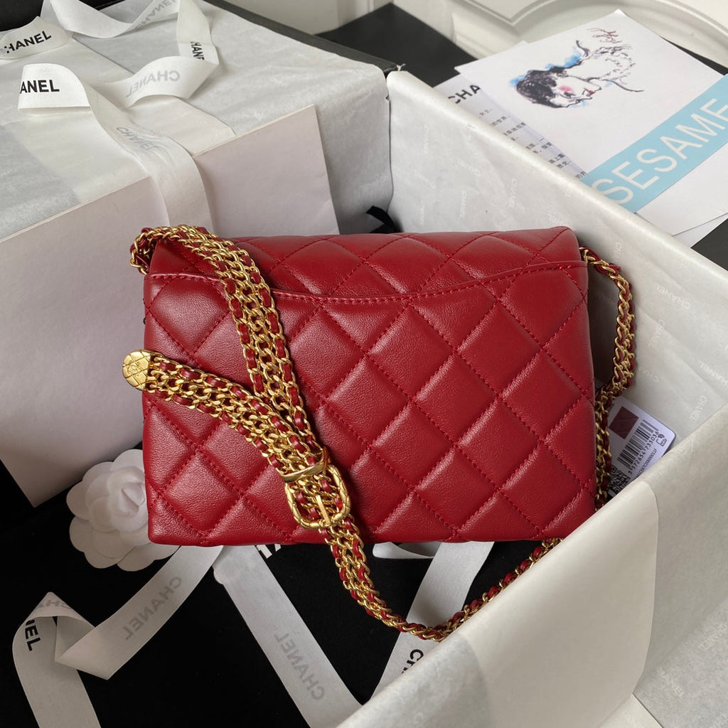 Chanel AS3994 Small Flap Bag Red Lambskin Gold-tone metal