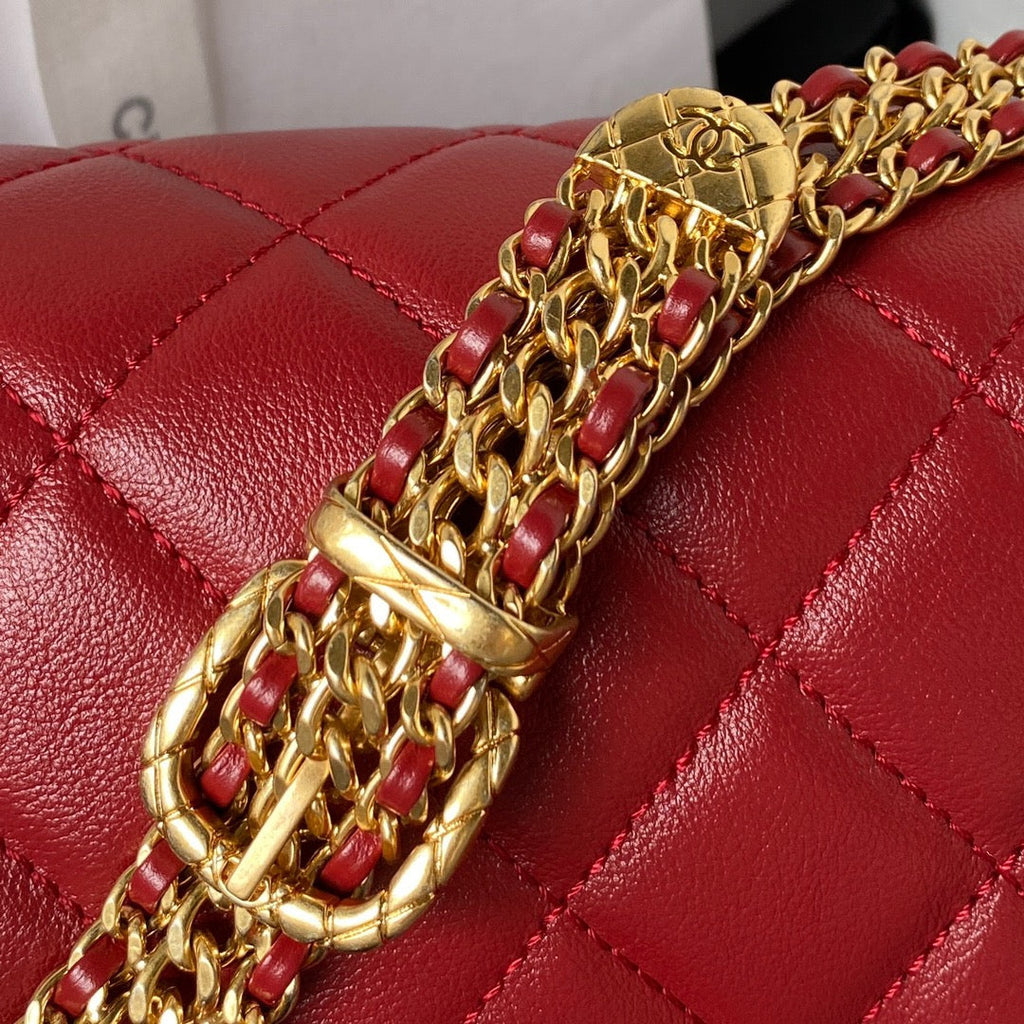 Chanel AS3994 Small Flap Bag Red Lambskin Gold-tone metal
