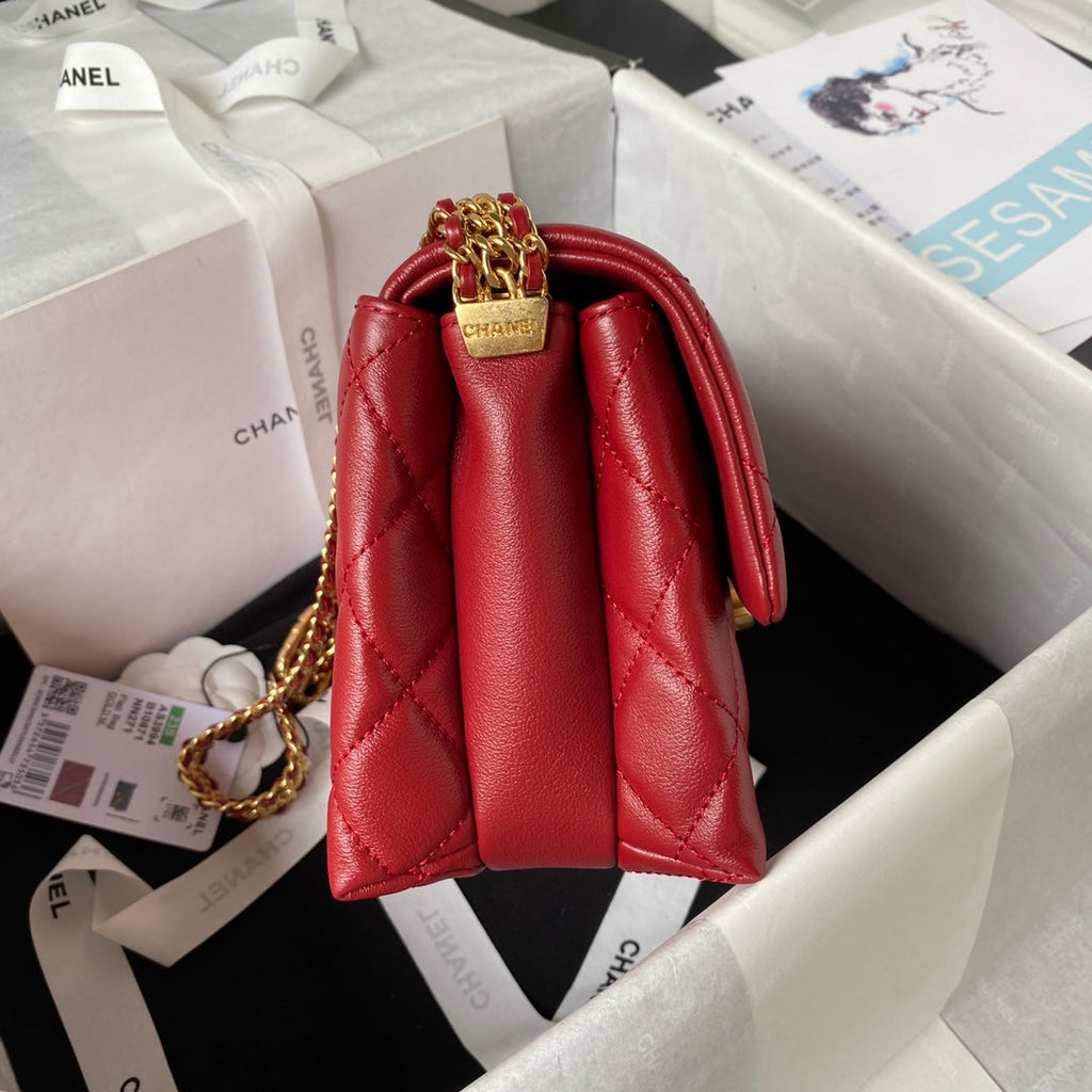 Chanel AS3994 Small Flap Bag Red Lambskin Gold-tone metal
