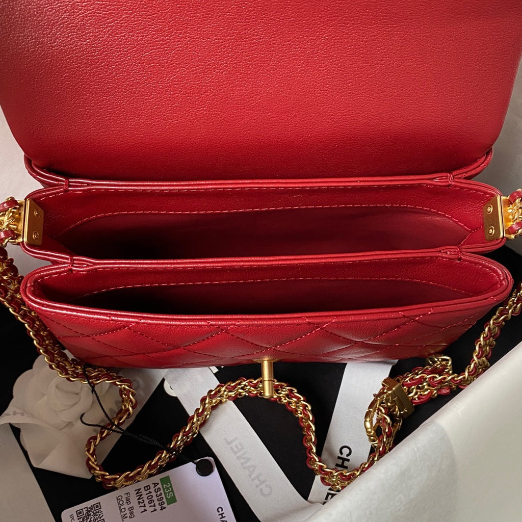 Chanel AS3994 Small Flap Bag Red Lambskin Gold-tone metal