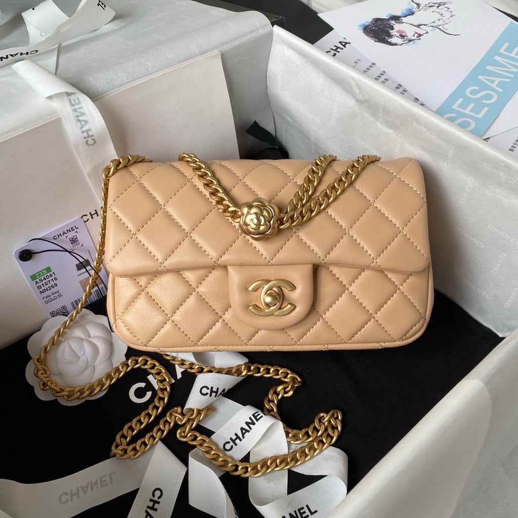 Chanel AS4041 Small Flap Bag Lambskin & Gold-Tone Metal Dark Beige