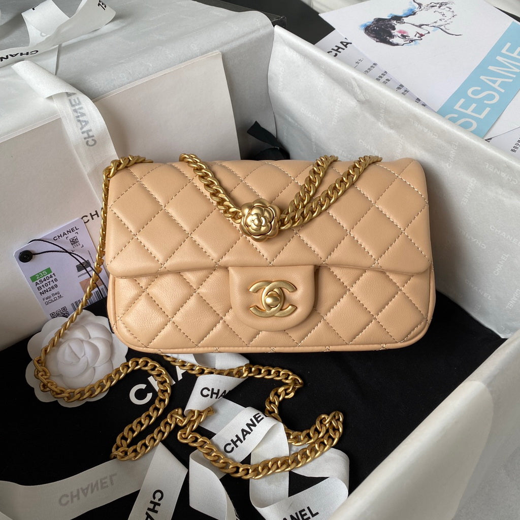 Chanel AS4041 Small Flap Bag Lambskin & Gold-Tone Metal Dark Beige