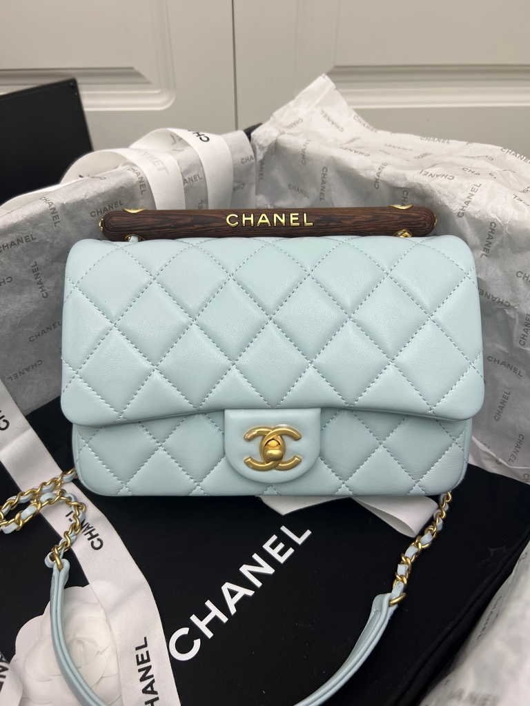 Chanel AS4151 Small flap bag with top handle Lambskin wenge wood light Blue