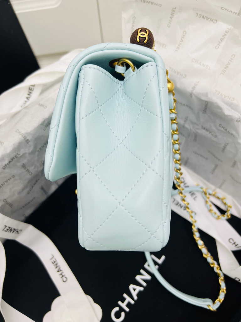 Chanel AS4151 Small flap bag with top handle Lambskin wenge wood light Blue