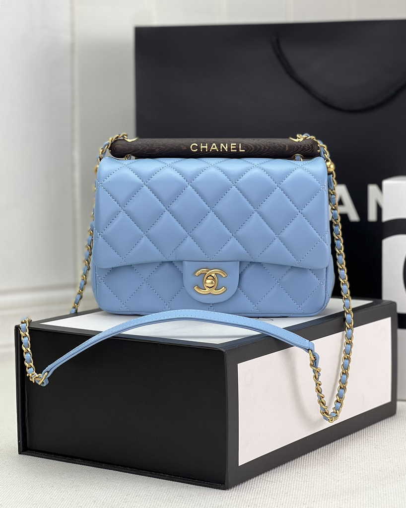 Chanel AS4151 Small flap bag with top handle Lambskin wenge wood blue