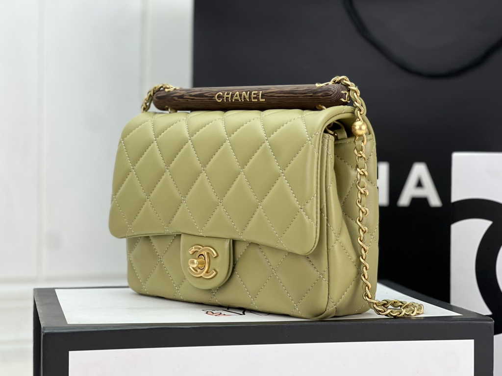 Chanel AS4151 Small flap bag with top handle Lambskin wenge wood green