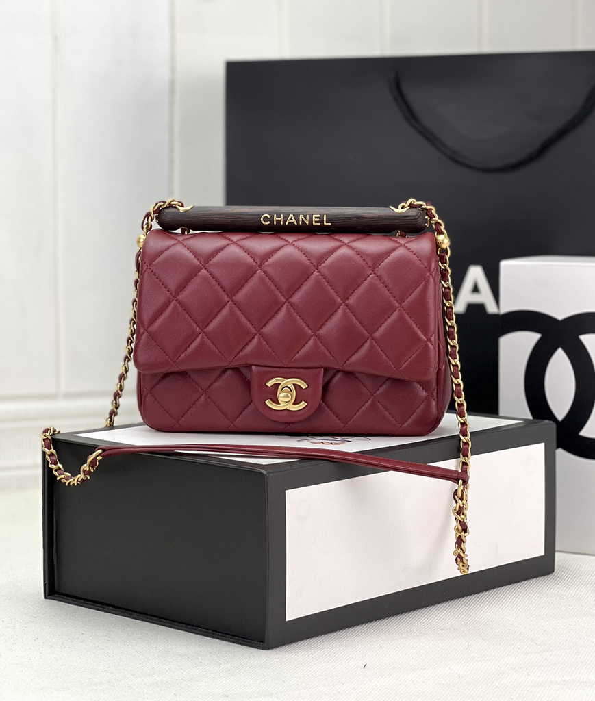 Chanel AS4151 Small flap bag with top handle Lambskin wenge wood red