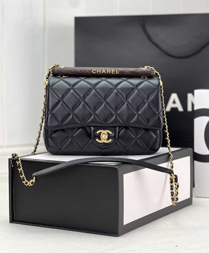 Chanel AS4151 Small flap bag with top handle Lambskin wenge wood black