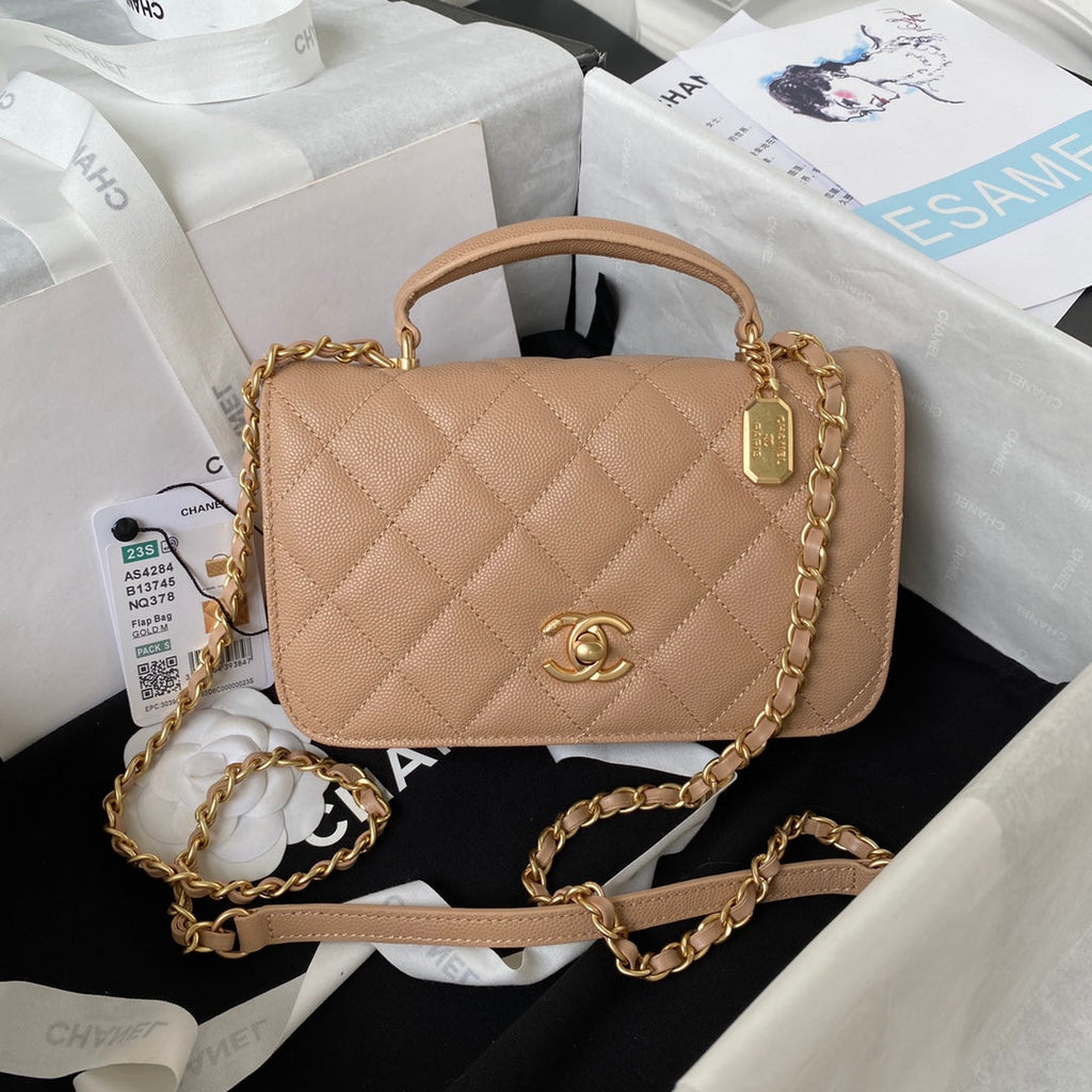 Chanel AS4284 Mini flap bag with top handle Calfskin Apricot