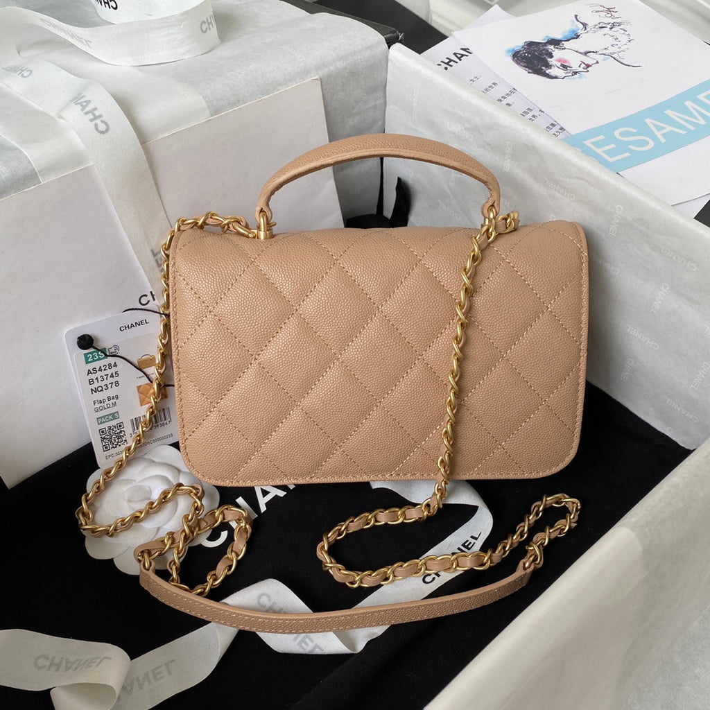 Chanel AS4284 Mini flap bag with top handle Calfskin Apricot