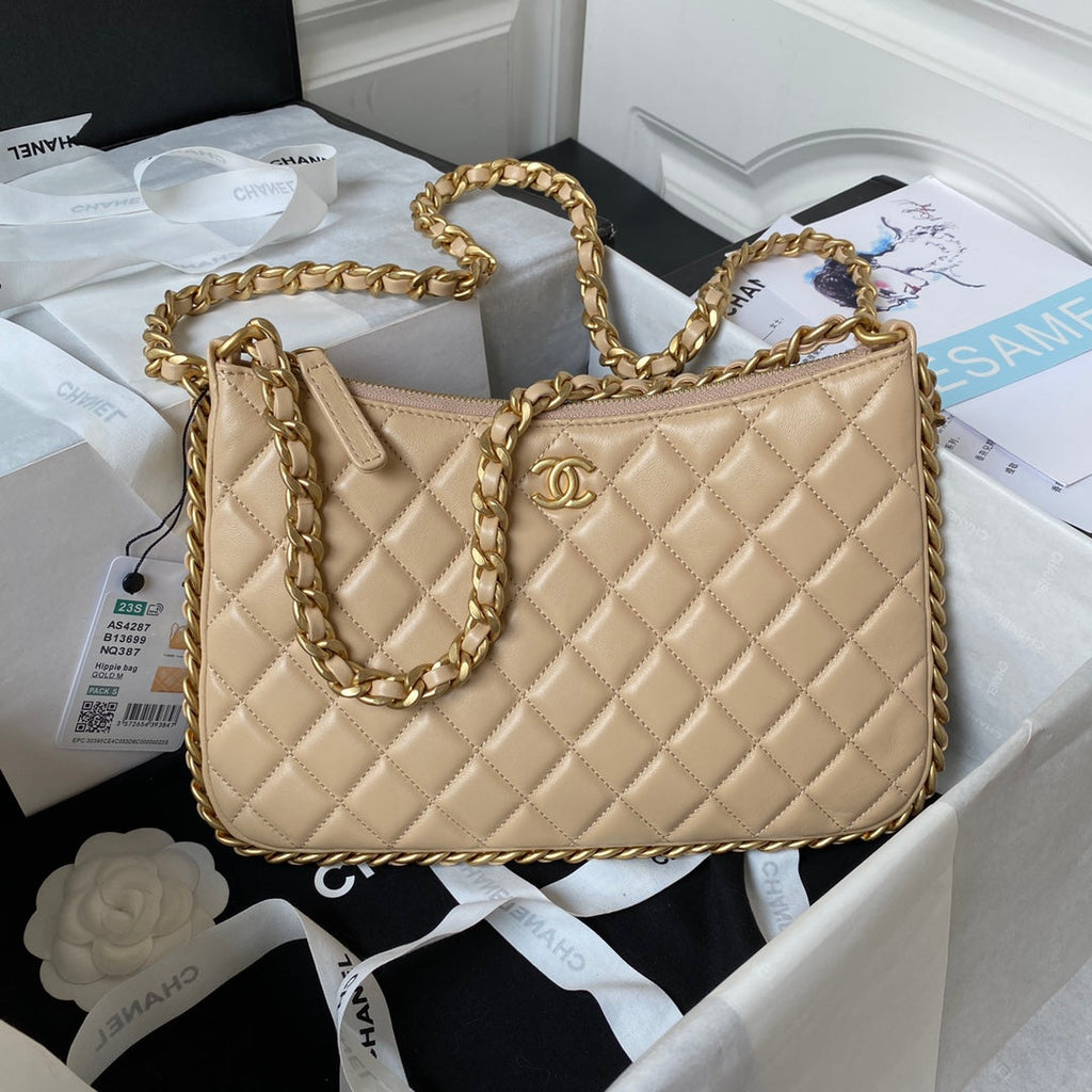 Chanel AS4287 Large hobo bag Shiny crumpled lambskin gold-tone apricot