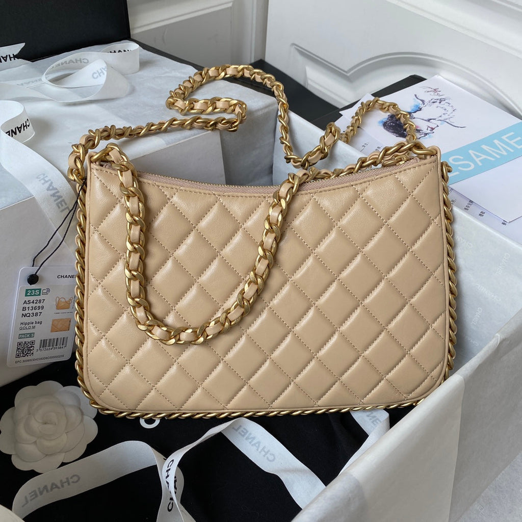 Chanel AS4287 Large hobo bag Shiny crumpled lambskin gold-tone apricot