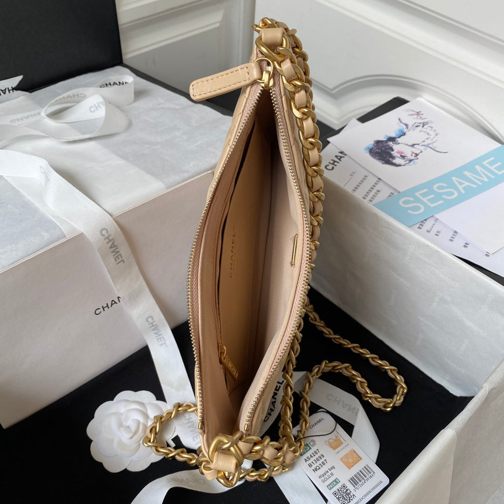 Chanel AS4287 Large hobo bag Shiny crumpled lambskin gold-tone apricot