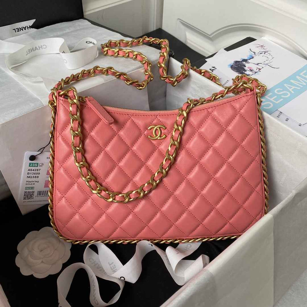 Chanel AS4287 Large hobo bag Shiny crumpled lambskin gold-tone Pink