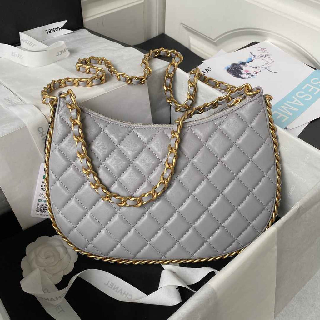 Chanel AS4368 Large hobo bag Shiny crumpled lambskin gold-tone Gray
