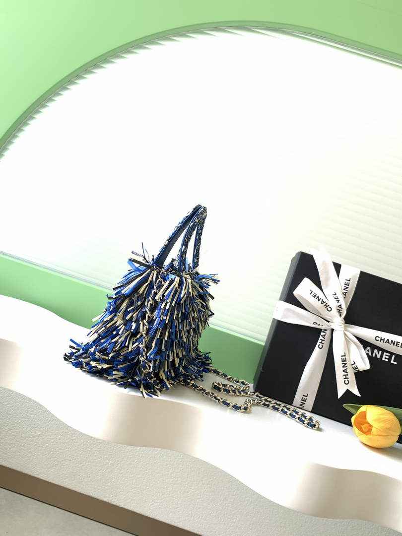 Chanel Mini Shopping Bag, AS4416 Raffia-Effect Fabric Blue