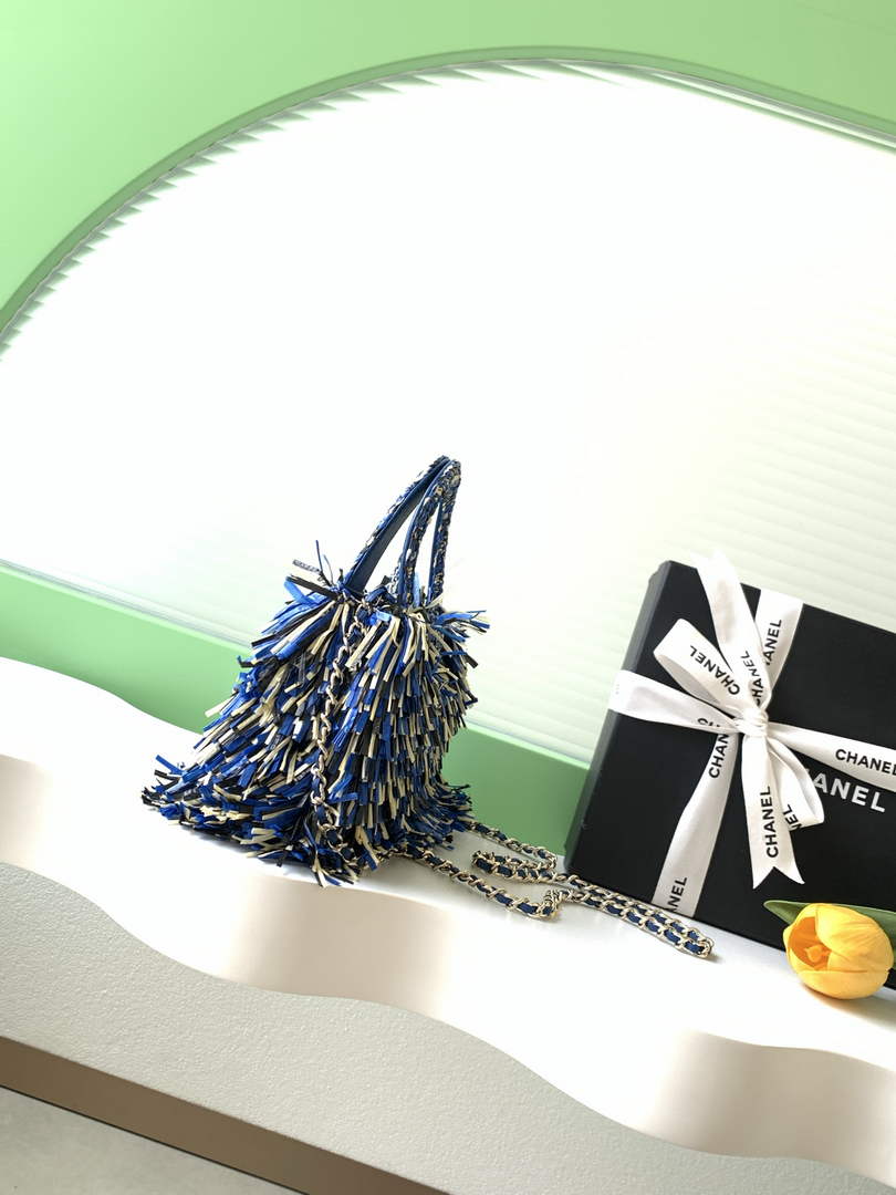 Chanel Mini Shopping Bag, AS4416 Raffia-Effect Fabric Blue