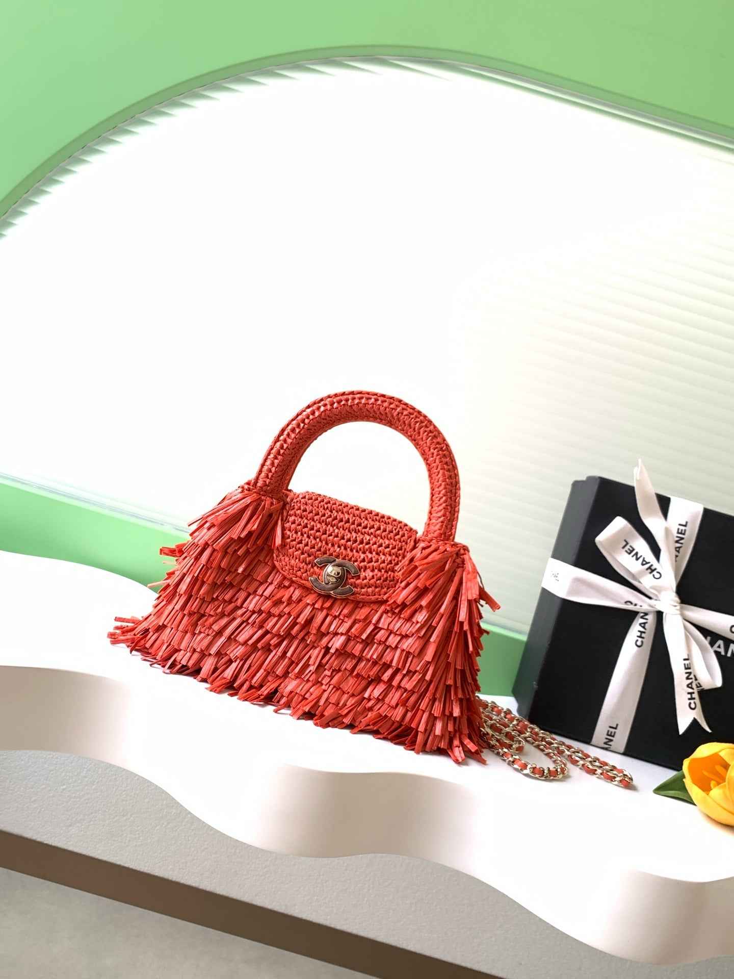 Chanel Mini Shopping Bag, AS4416 Red Raffia-Effect Fabric