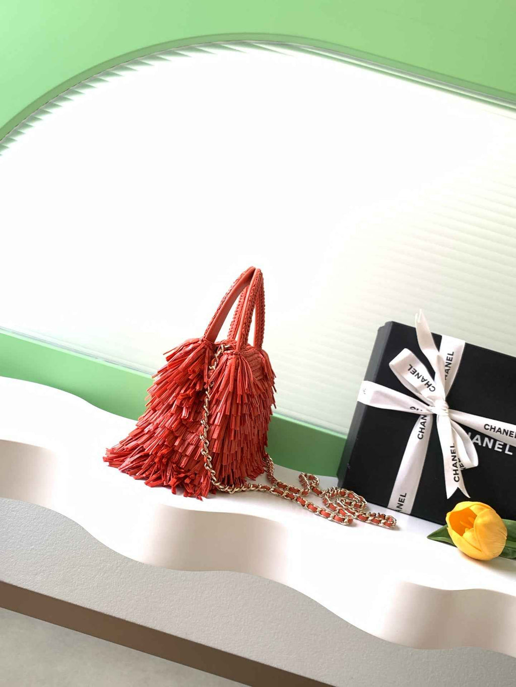 Chanel Mini Shopping Bag, AS4416 Red Raffia-Effect Fabric