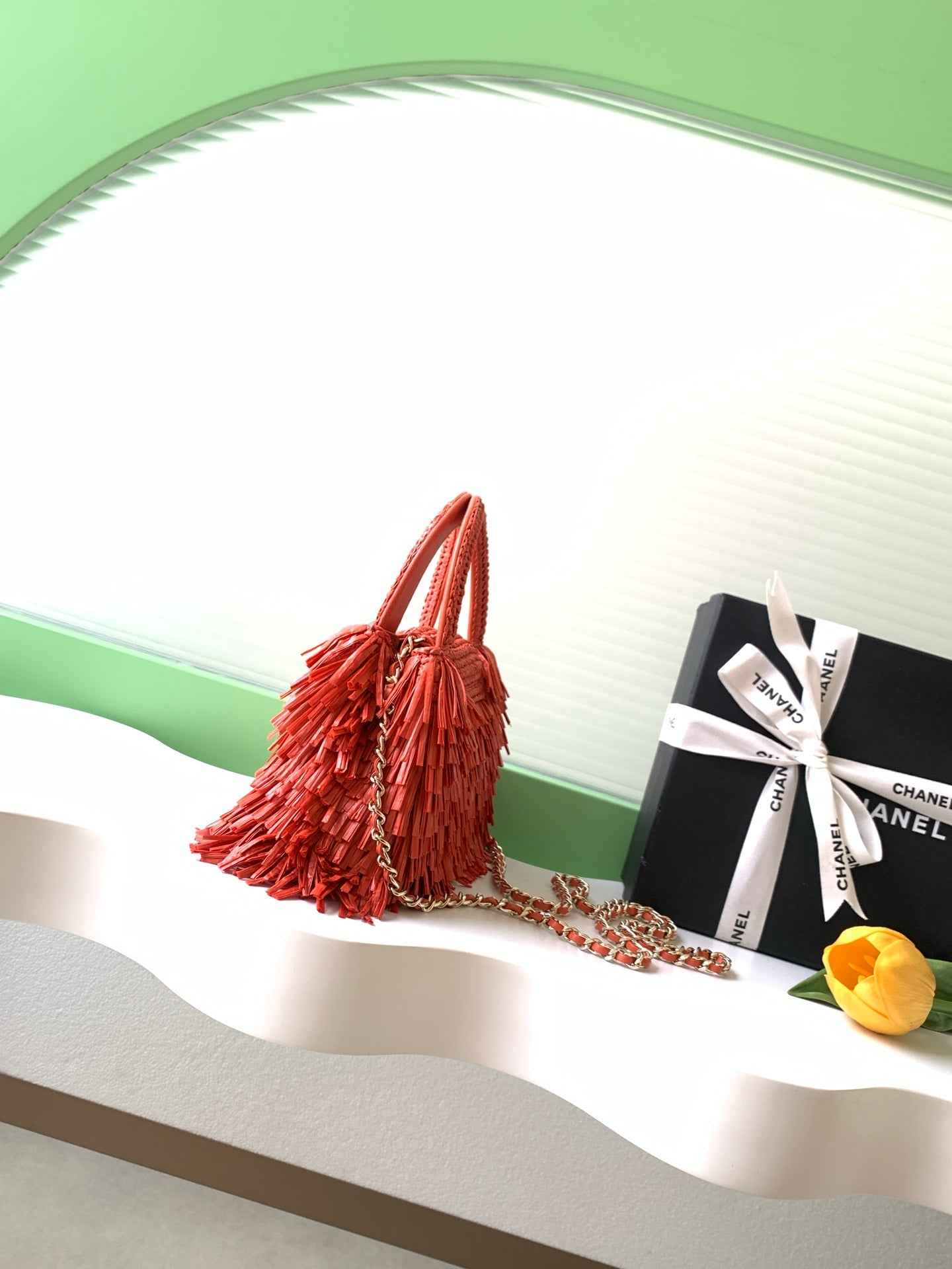 Chanel Mini Shopping Bag, AS4416 Red Raffia-Effect Fabric