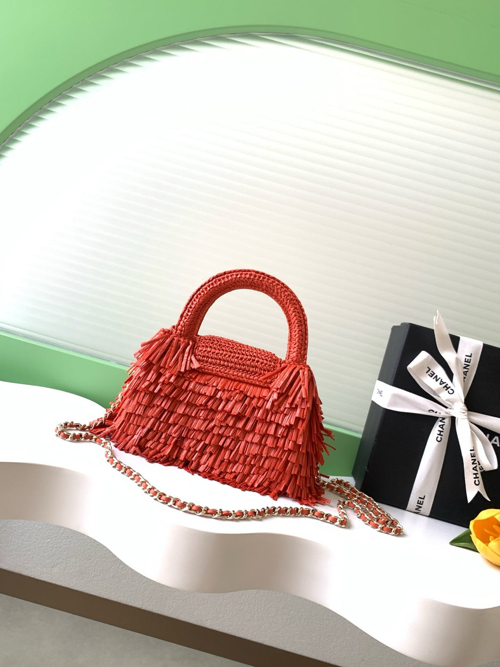 Chanel Mini Shopping Bag, AS4416 Red Raffia-Effect Fabric