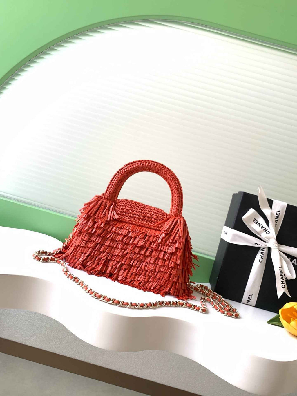 Chanel Mini Shopping Bag, AS4416 Red Raffia-Effect Fabric