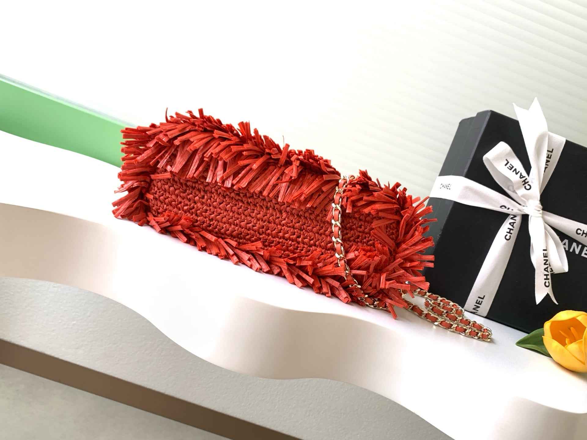 Chanel Mini Shopping Bag, AS4416 Red Raffia-Effect Fabric