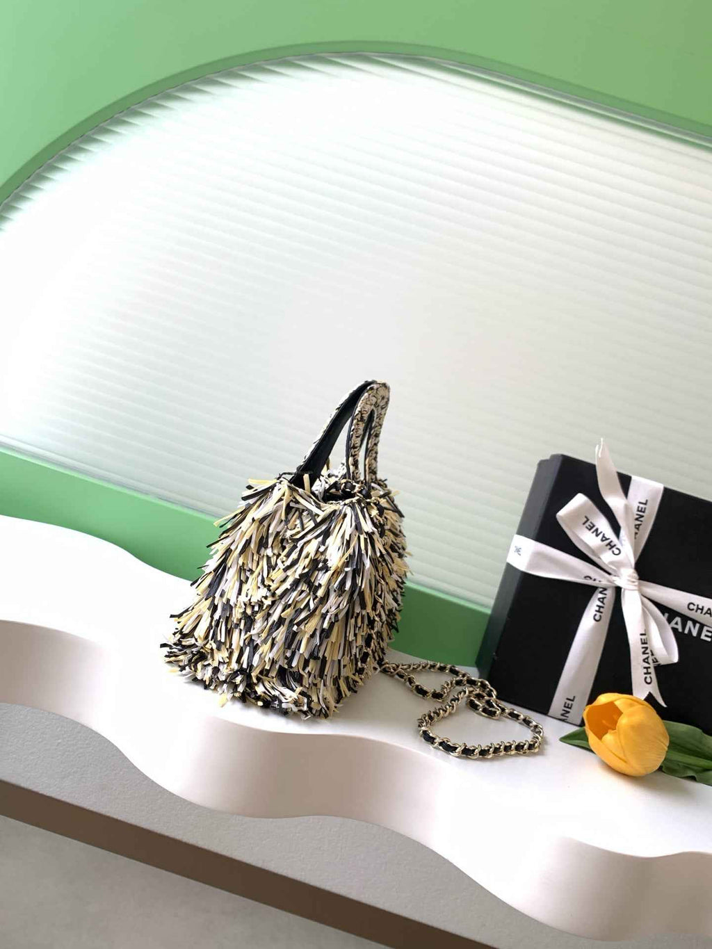 Chanel Mini Shopping Bag, AS4416 Raffia-Effect Fabric Beige - Default Title - View 2