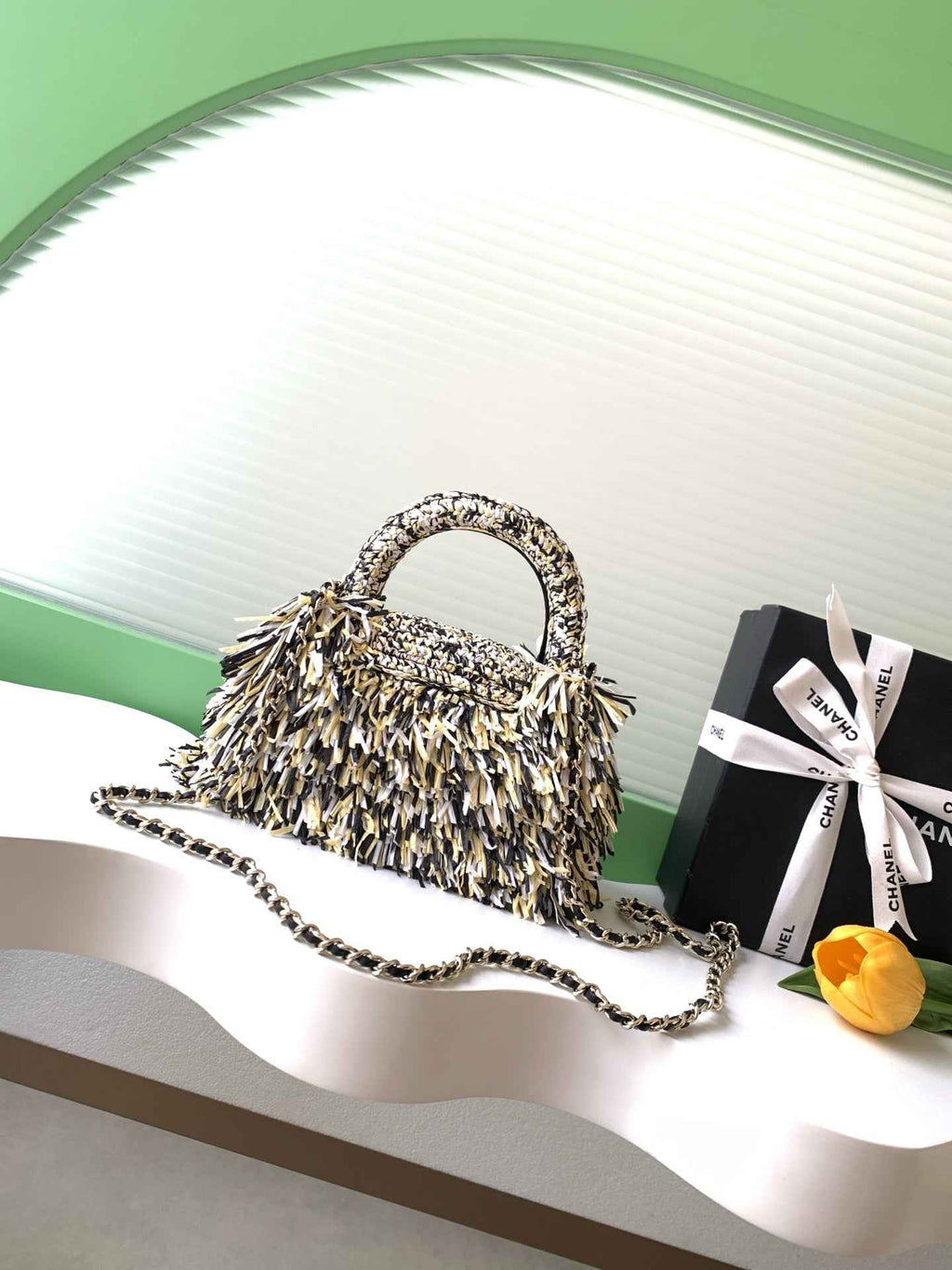 Chanel Mini Shopping Bag, AS4416 Raffia-Effect Fabric Beige - Default Title - View 3
