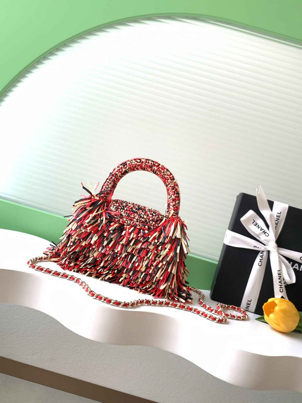 Chanel Mini Shopping Bag, AS4416 Raffia-Effect Fabric Red - Default Title - View 3
