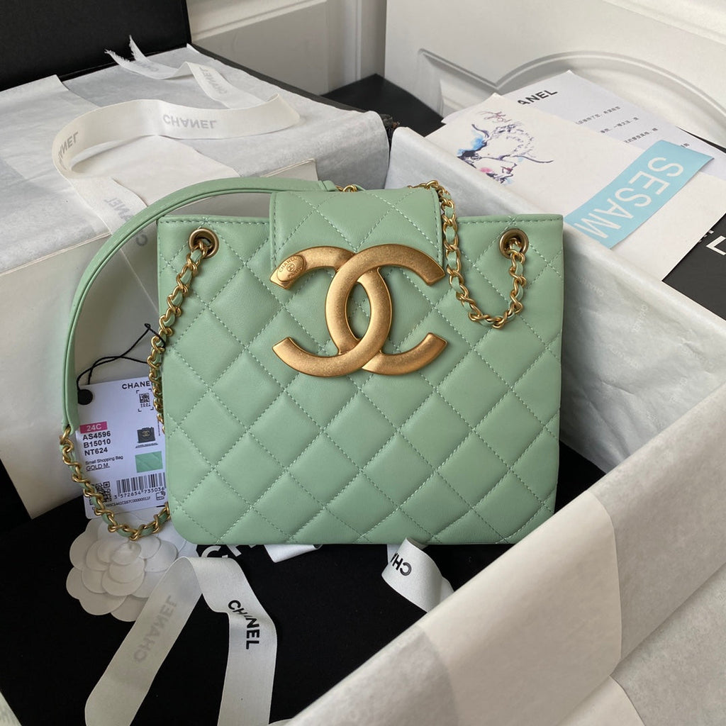 Chanel AS4596 Shoulder Bag Black Lambskin gold-tone metal Green