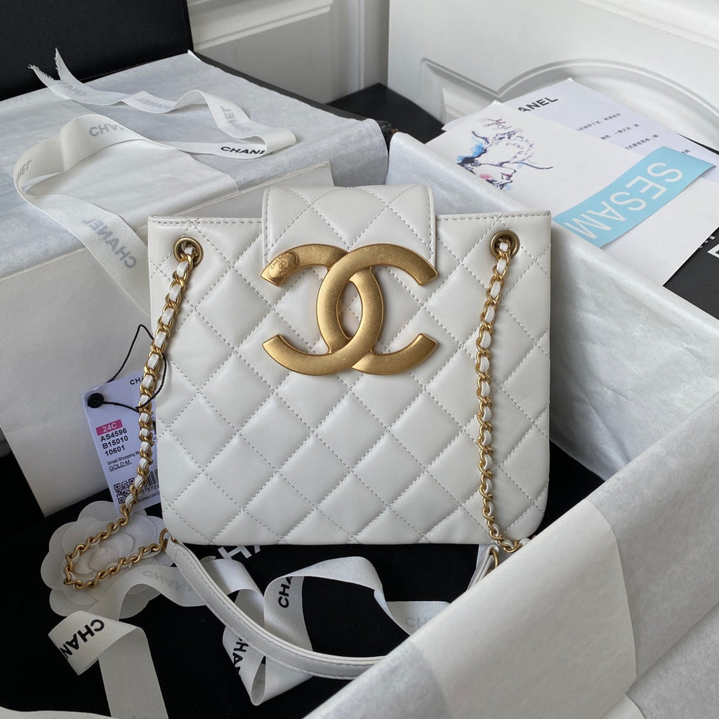 Chanel AS4596 Shoulder Bag Black Lambskin gold-tone metal White
