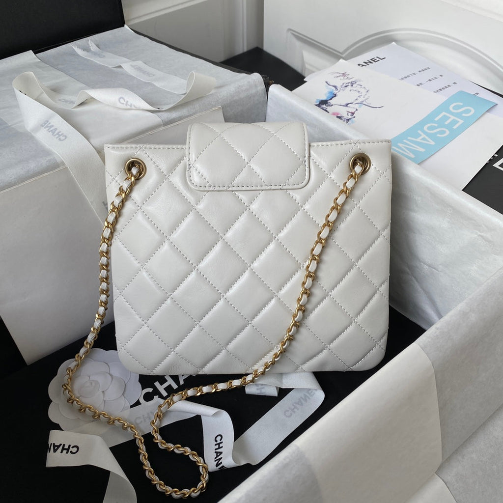 Chanel AS4596 Shoulder Bag Black Lambskin gold-tone metal White