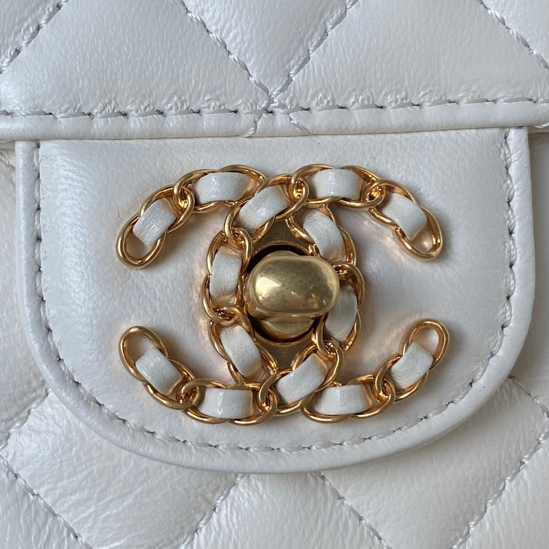 Chanel AS4362 Tote Flap Bag White Lambskin Gold-tone metal