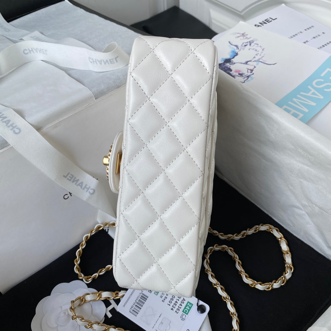 Chanel AS4362 Tote Flap Bag White Lambskin Gold-tone metal