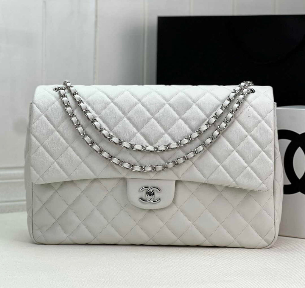 Chanel AS4661 MAXI Flap Cruise Bag White Calfskin Silver