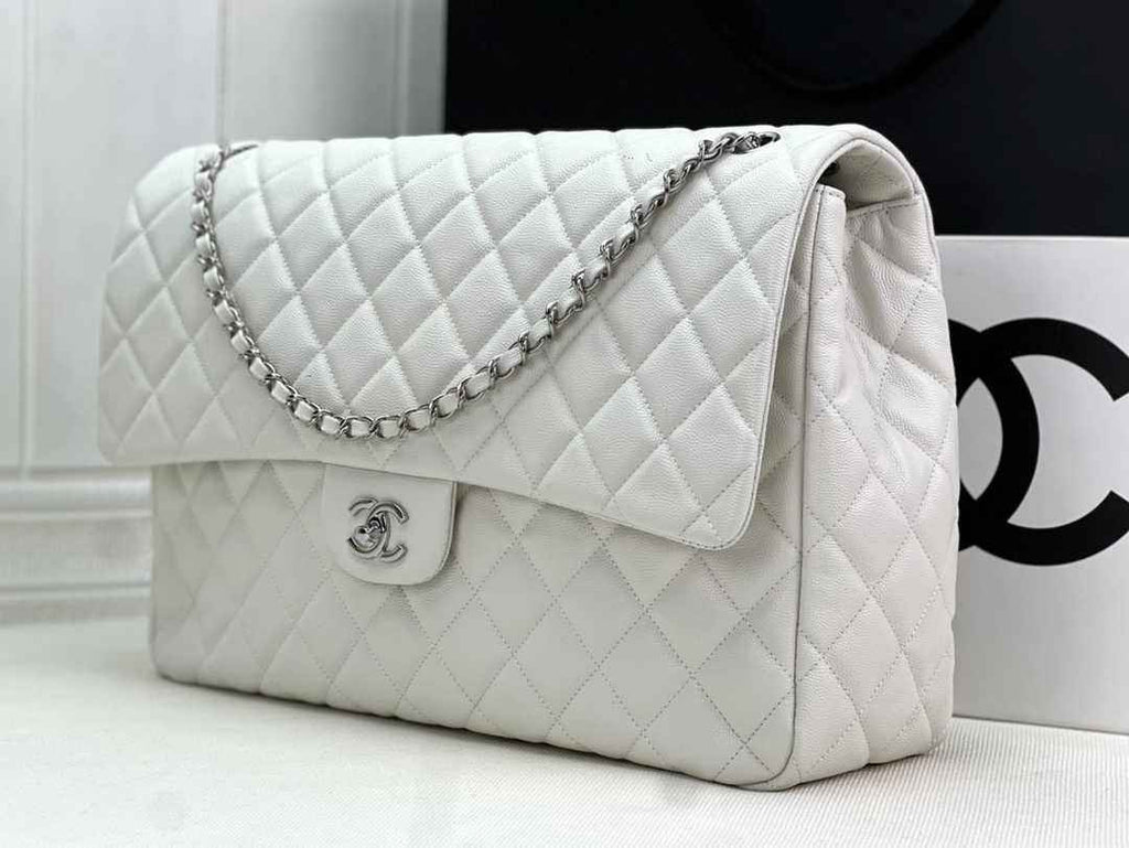 Chanel AS4661 MAXI Flap Cruise Bag White Calfskin Silver