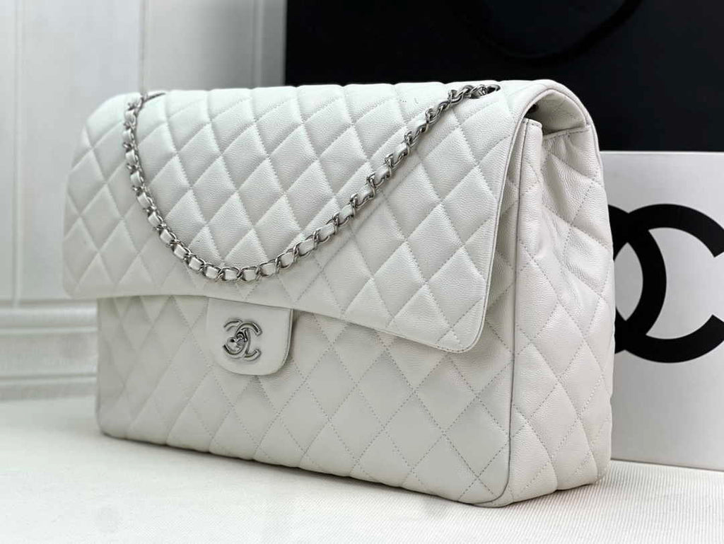 Chanel AS4661 MAXI Flap Cruise Bag White Calfskin Silver