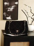 Front view of Chanel AS5280 black suede maxi flap bag, oversized quilted stitching with silver tone hardware