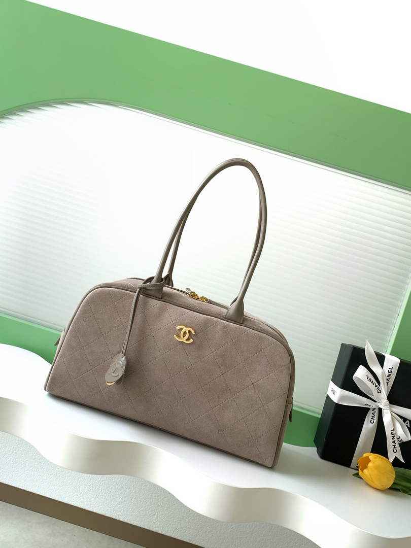 Chanel AS6211 Large Bowling Bag Suede Leather Gray