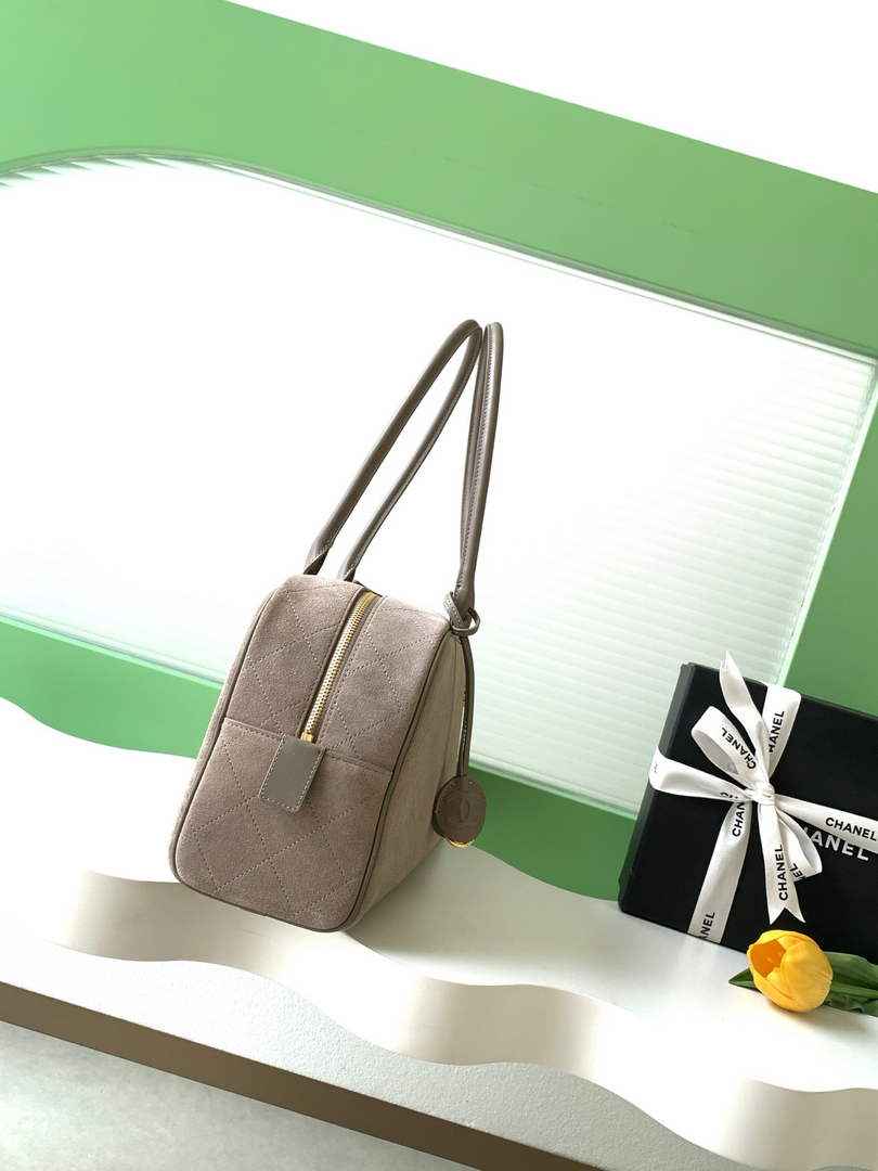 Chanel AS6211 Large Bowling Bag Suede Leather Gray
