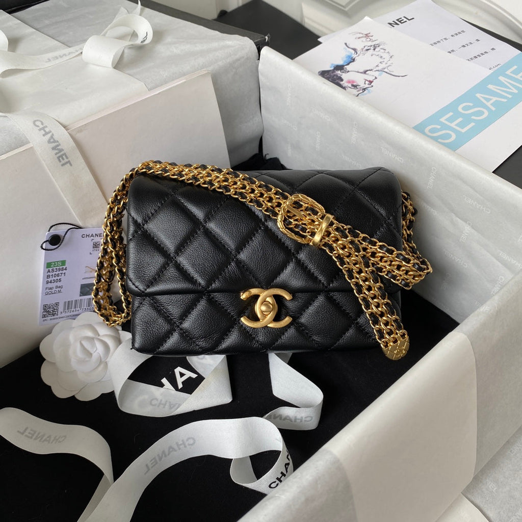 Chanel AS3984 Tote Mini Flap Bag Black Lambskin Gold-tone metal
