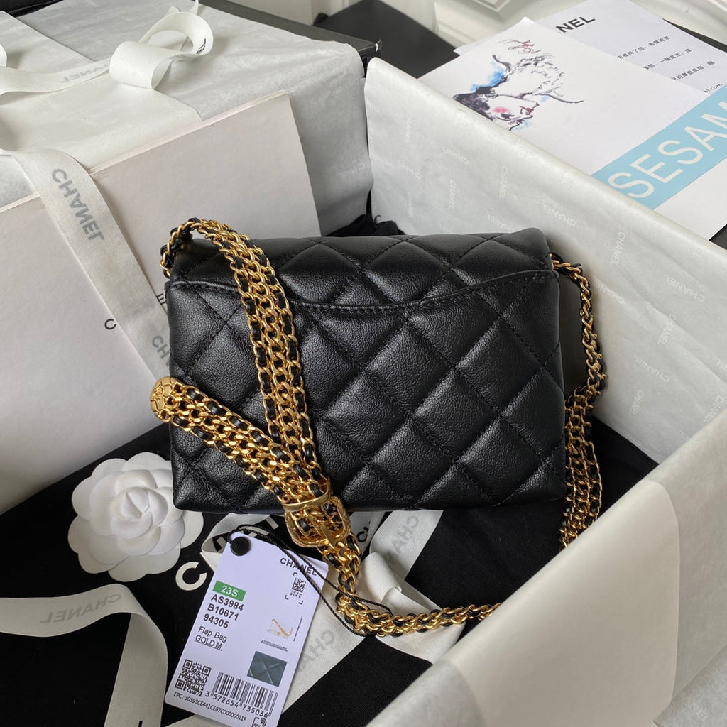 Chanel AS3984 Tote Mini Flap Bag Black Lambskin Gold-tone metal